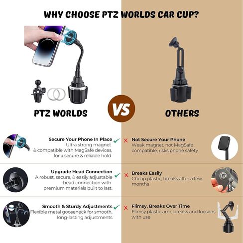 Cup Phone Holder for Car, Magnetic – Compatible with MagSafe, Secure Magnetic Mount, Stability-Enhanced Expandable Base, Flexible Reinforced Gooseneck, Works with iPhone, Galaxy, Pixel [Not Charger] in Saudi Arabia