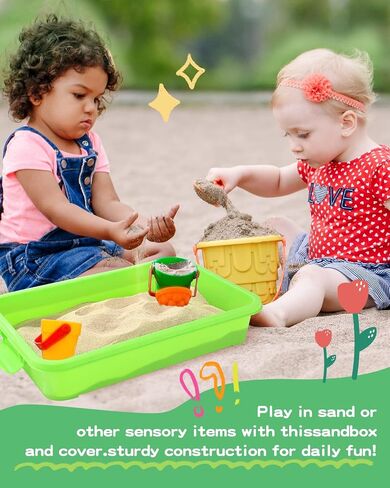 Sensory Bin Sand Tray with Lid for Toddlers 2 Pcs 15in Portable Sandbox Toy Large Plastic Tray for Kids 3 4 5 6 Fill with Sand, Water, Beads, and More (Green+Blue) in Kuwait