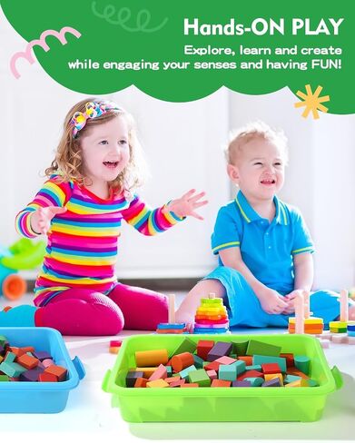 Sensory Bin Sand Tray with Lid for Toddlers 2 Pcs 15in Portable Sandbox Toy Large Plastic Tray for Kids 3 4 5 6 Fill with Sand, Water, Beads, and More (Green+Blue) in Kuwait