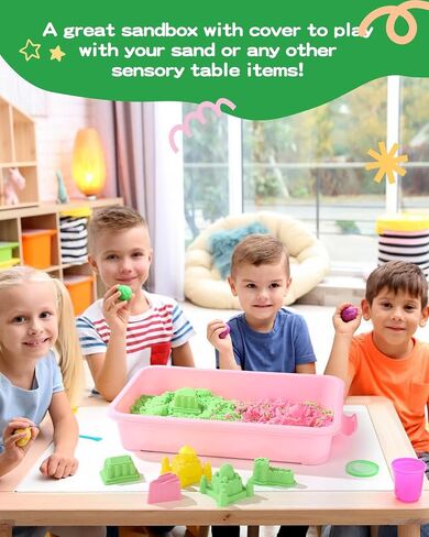 Sensory Bin Sand Tray with Lid for Toddlers 2 Pcs 15in Portable Sandbox Toy Large Plastic Tray for Kids 3 4 5 6 Fill with Sand, Water, Beads, and More (Green+Blue) in Kuwait