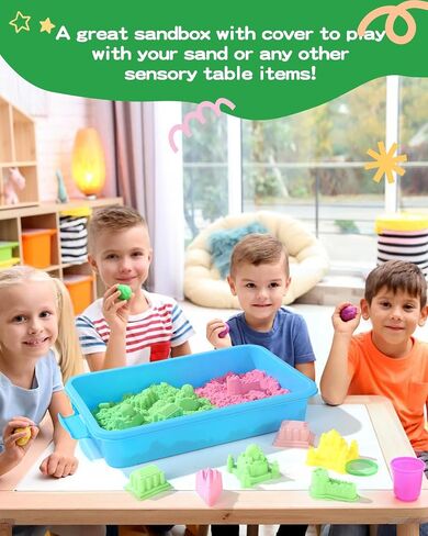 Sensory Bin Sand Tray with Lid for Toddlers 2 Pcs 15in Portable Sandbox Toy Large Plastic Tray for Kids 3 4 5 6 Fill with Sand, Water, Beads, and More (Green+Blue) in Kuwait