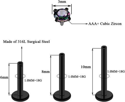 16G 18G Tragus Labret Lip Piercing Jewelry Black, Internally Threaded Surgical Steel CZ Studs for Women Men, 6mm 8mm 10mm Labret Nose Stud Cartilage Helix Medusa Conch Piercing Jewelry in Saudi Arabia