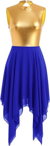 IBAKOM Praise Dance Dress for Women Gold Metallic Chiffon Asymmetric Skirt Lyrical Contemporary Dance Liturgical Overlays in Kuwait