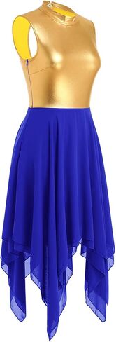 IBAKOM Praise Dance Dress for Women Gold Metallic Chiffon Asymmetric Skirt Lyrical Contemporary Dance Liturgical Overlays in Kuwait