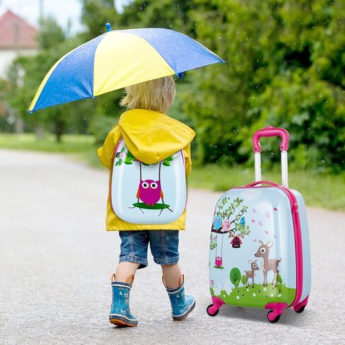 BABY JOY 2 PC Kids Luggage, 16" Toddlers Carry-on Suitcase & 12" Backpack Set, Children Travelling Case w/ 4 Casters & Retractable Handle, Lightweight Trolley Case for Boys & Girls (Deer) in Saudi Arabia