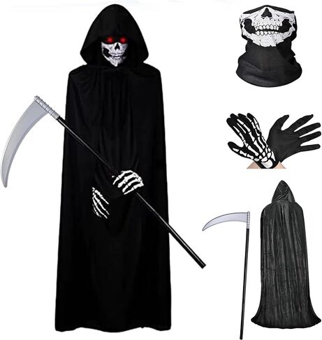 أزياء الهالوين Scream Grim Reaper لعام 2024 للرجال والنساء البالغين مقاس 5'3"-6'3"، عباءة سوداء مع غطاء رأس، 150 سم/59 بوصة-160 سم/63 بوصة رأس أسود للجنسين مع منجل، قناع جمجمة، قفازات هيكل عظمي in Kuwait