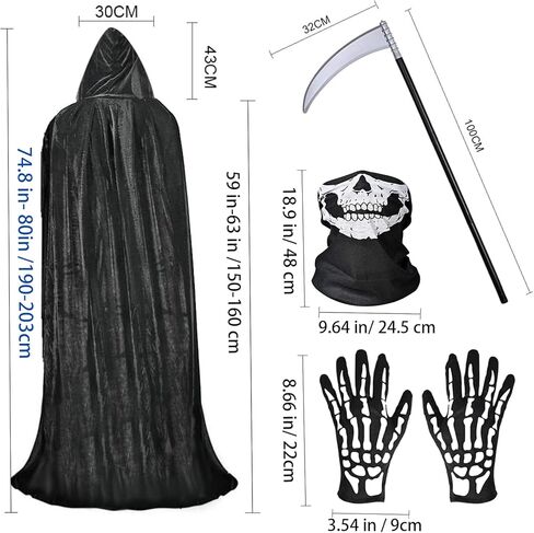 أزياء الهالوين Scream Grim Reaper لعام 2024 للرجال والنساء البالغين مقاس 5'3"-6'3"، عباءة سوداء مع غطاء رأس، 150 سم/59 بوصة-160 سم/63 بوصة رأس أسود للجنسين مع منجل، قناع جمجمة، قفازات هيكل عظمي in Kuwait