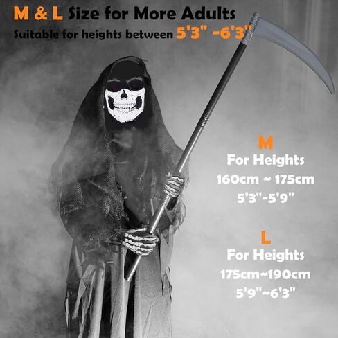 أزياء الهالوين Scream Grim Reaper لعام 2024 للرجال والنساء البالغين مقاس 5'3"-6'3"، عباءة سوداء مع غطاء رأس، 150 سم/59 بوصة-160 سم/63 بوصة رأس أسود للجنسين مع منجل، قناع جمجمة، قفازات هيكل عظمي in Kuwait