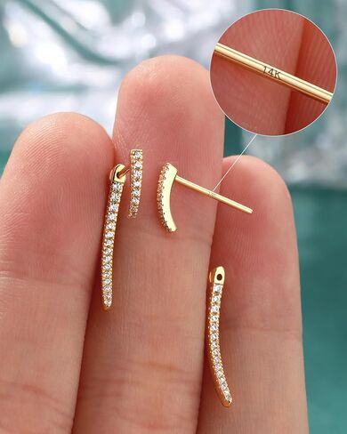 COCHARM 14K Solid Gold Stud Earrings 20g Gold Earrings Jacket Dangle Earrings Cubic Zirconia Lobe Earrings for Women in Saudi Arabia