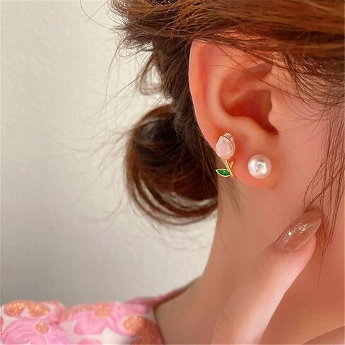 Tulip Earrings Imitate Pearl Flower Stud Earrings Colorful Tulip Jacket Front Earrings for Women Jewelry Gift in Kuwait