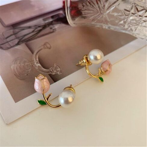 Tulip Earrings Imitate Pearl Flower Stud Earrings Colorful Tulip Jacket Front Earrings for Women Jewelry Gift in Kuwait