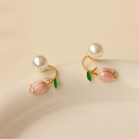 Tulip Earrings Imitate Pearl Flower Stud Earrings Colorful Tulip Jacket Front Earrings for Women Jewelry Gift in Kuwait
