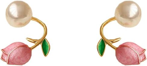 Tulip Earrings Imitate Pearl Flower Stud Earrings Colorful Tulip Jacket Front Earrings for Women Jewelry Gift in Kuwait