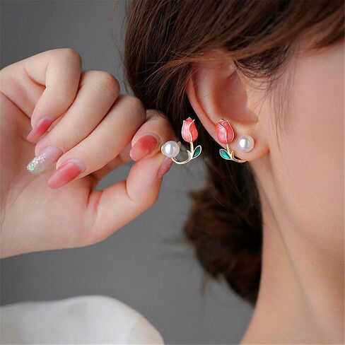 Tulip Earrings Imitate Pearl Flower Stud Earrings Colorful Tulip Jacket Front Earrings for Women Jewelry Gift in Kuwait
