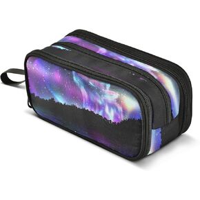 Kcldeci Howling Wolf Pencil Case, Rainbow Galaxy Forest Pencil Bag Storage Pouch Pen Pencil Marker Stationery Bag Holder for Middle High School College and Office