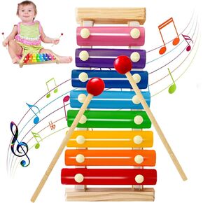 8 Inch Kid Wooden Drum Set,Cute Sensory Educational Musical Instrument Toy with Adjustable Strap,2 Drumsticks for Toddler,Baby Girls Boys
