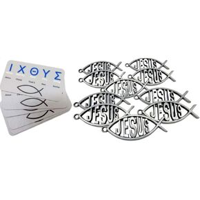 Westmon Works Ichthus Pendant Medal Bulk Pack with Jesus Script Christian Fish Faith Reminder Metal Keepsake and Holy Prayer Cards, Set of 10