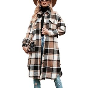 Women's Wool Pea Coats Winter Long Plaid Shacket Jacket Casual Button Down Trench Coat With Pockets