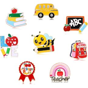 Back to School Brooches Enamel Teacher Brooch Pins Cute Lapel Pin Set Rainbow Pencil Schoolbag Brooches Pin Welcome Back to School Gift for Backpack Clothes Hat Accessories,8Pcs