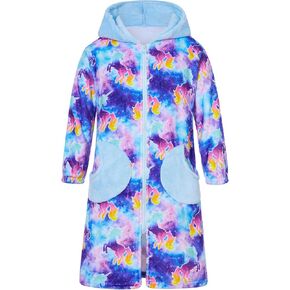 Funnycokid Girls Robe Kids Hooded Bathrobe Zip Fleece Fuzzy Soft Pajamas Plush Sleepwear 4-14 Years