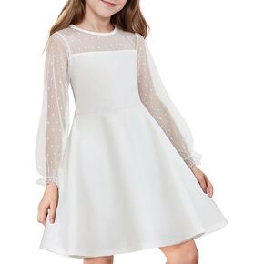 Girl's Dress Sheer Mesh Puff Long Sleeve High Waist Party Dresses with Pockets for 6-13 Years