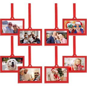 UNIQOOO 8 Pcs Christmas Acrylic Red Photo Frame Ornaments for Display Picture, 3 x 2 inch Festive Hanging Decoration, Double-Sided Picture Frames for Holiday Season, Home, Party, Xmas Tree Decorations