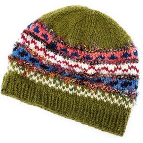 Hand Knit Wool and Recycled Silk Beanie Hat Fleece Lined Made in Nepal