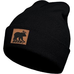 Deer Hunting Beanie Hat Black, Cute Funny Leather Patch Winter Knit Skull Cap Hunting Gifts for Adult Men Women