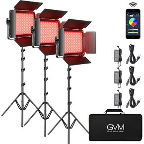 GVM RGB LED Video Light, Photography Lighting with APP Control, 1000D Video Lighting Kit for YouTube Studio, 3 Packs Led Panel Light, 3200K-5600K, 8 Kinds of The Scene Lights, CRI 97 (3 Packs 1000D)