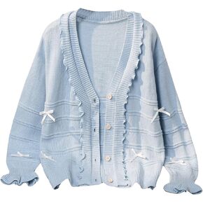 Floerns Girl's Bowknot Ruffle Trim Long Sleeve Knitted Button Down Cute Cardigan Sweater