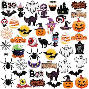 48 Pcs Halloween Iron on Patches Boo Pumpkin Bat Ghost Cat Witch Sew on Embroidered Applique Patches Fall Decorative Repair Patch Halloween DIY Crafts Accessories for Clothing Jacket Backpack