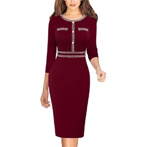 VFSHOW Womens Business Button Crew Neck Fitted Wear to Work Office Patchwork Pencil Sheath Dress