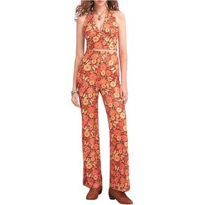 Verdusa Women's 2 Piece 70s Outfit Boho Halter V Neck Crop Top and Wide Leg Pants Set