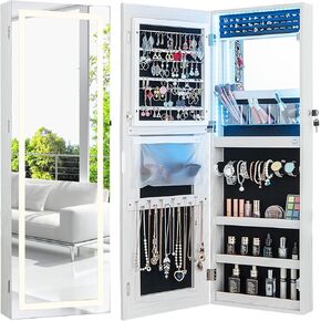 Jewelry Armoire with LED Light Strip, Full Length Mirror with Storage, Lockable Jewelry Cabinet with Inside Makeup Mirror, Wall Mounted/Over the Door Hanging Jewelry Organizer (White)