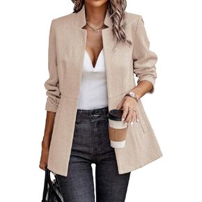 ELLEVEN Women’s Open Front Herringbone Blazer-Business Casual Long Sleeve Work Jacket with Full Lining and Padded Shoulders