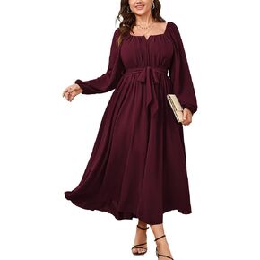 SCOMCHIC Women Plus Size Maxi Dress Long Sleeve Square Neck Wedding Guest Cocktail Belted Elegant Flowy A Line Long Dresses