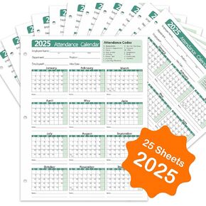 2025 Attendance Calendar (Pack of 25 Sheets) Employee Work Tracker Attendance Calendar Cards - Each sheet 8.5 X 11 100lb CardStock paper Material Make (25 sheets -Green)