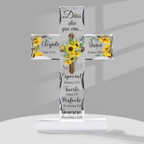 Shellwei Spanish Christian Acrylic Gifts Religious Cross Inspirational Gifts Spanish Cross Shape Acrylic Prayer Bible Verse Desk Decor for Women Men Xmas Birthday Gift (Classic)