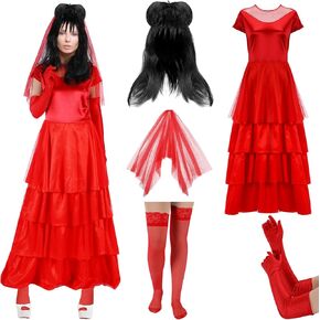5 Pcs Women Bride Costume Adult Red Gothic Deetz Wedding Dress with Veil Wig for Halloween Day of Dead