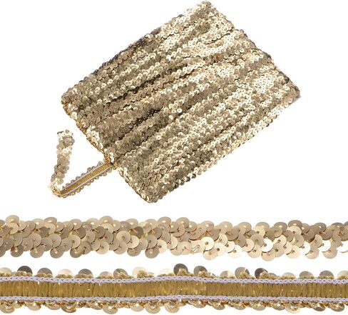 1-Pack Elastic Sequins Trim, 16 Yards 0.8 Inch Flat Paillette Glitters Sequin Trim 2 Row Metallic Sequins Trim for Craft Sewing Trimming/Dress Embellish Headband [Golden] in Saudi Arabia