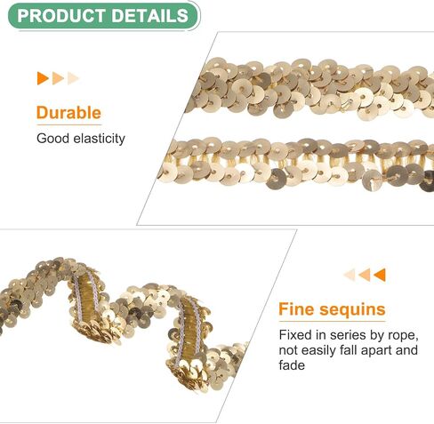1-Pack Elastic Sequins Trim, 16 Yards 0.8 Inch Flat Paillette Glitters Sequin Trim 2 Row Metallic Sequins Trim for Craft Sewing Trimming/Dress Embellish Headband [Golden] in Saudi Arabia