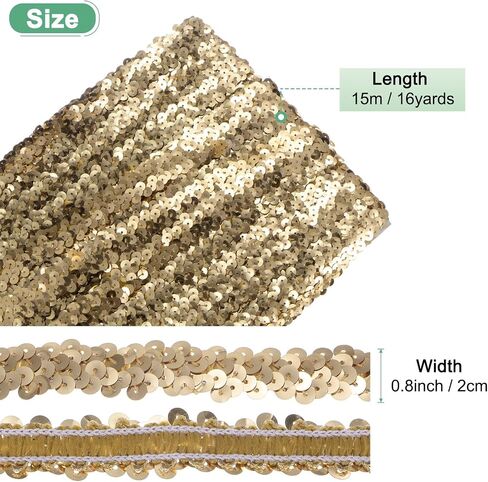 1-Pack Elastic Sequins Trim, 16 Yards 0.8 Inch Flat Paillette Glitters Sequin Trim 2 Row Metallic Sequins Trim for Craft Sewing Trimming/Dress Embellish Headband [Golden] in Saudi Arabia