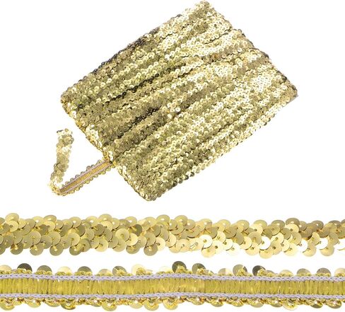 1-Pack Elastic Sequins Trim, 16 Yards 0.8 Inch Flat Paillette Glitters Sequin Trim 2 Row Metallic Sequins Trim for Craft Sewing Trimming/Dress Embellish Headband [Golden] in Saudi Arabia