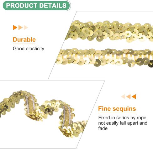 1-Pack Elastic Sequins Trim, 16 Yards 0.8 Inch Flat Paillette Glitters Sequin Trim 2 Row Metallic Sequins Trim for Craft Sewing Trimming/Dress Embellish Headband [Golden] in Saudi Arabia