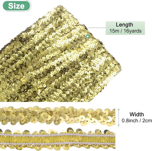 1-Pack Elastic Sequins Trim, 16 Yards 0.8 Inch Flat Paillette Glitters Sequin Trim 2 Row Metallic Sequins Trim for Craft Sewing Trimming/Dress Embellish Headband [Golden] in Saudi Arabia