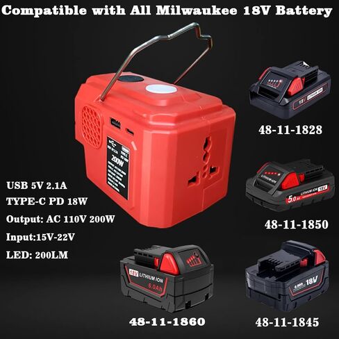 200W Power Inverter for Milwaukee M18 Battery, DC 20V to AC 110-120V Battery 18V Inverter,Battery Powered Outlet with 1 USB Ports & 1 Type-C & 1 AC Outlet,LED Portable Power Station Adapt(No Battery) in Saudi Arabia