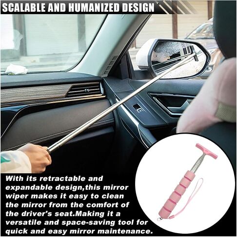 Car Side Mirror Squeegee, Portable Car Rearview Mirror Wiper with 33" Telescopic Long Handle, Retractable Auto Mirror Squeegee Cleaner for Rainy Foggy Weather, Universal Car Accessories (Pink, 1PC) in Saudi Arabia