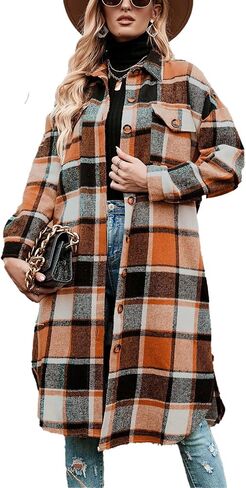 Women's Wool Pea Coats Winter Long Plaid Shacket Jacket Casual Button Down Trench Coat With Pockets in Saudi Arabia