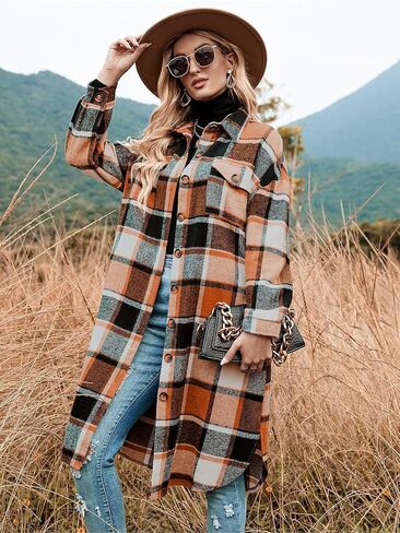 Women's Wool Pea Coats Winter Long Plaid Shacket Jacket Casual Button Down Trench Coat With Pockets in Saudi Arabia
