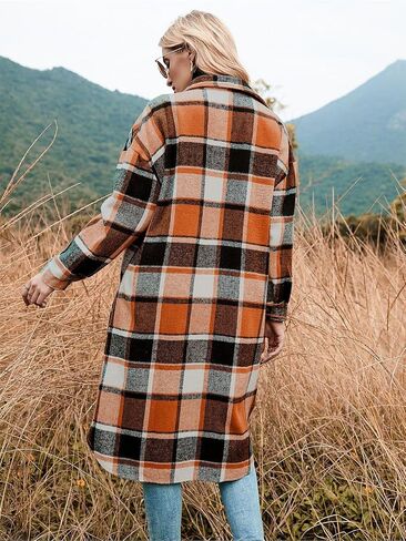 Women's Wool Pea Coats Winter Long Plaid Shacket Jacket Casual Button Down Trench Coat With Pockets in Saudi Arabia